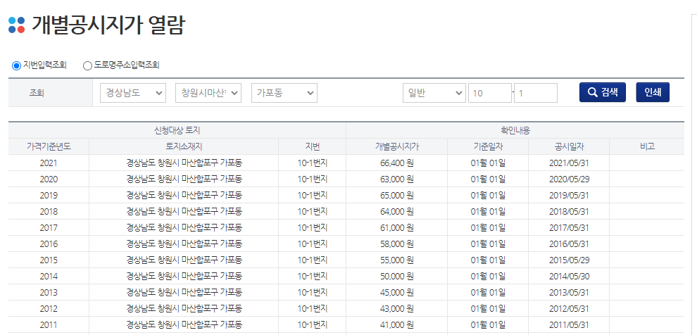 토지 공시지가 조회